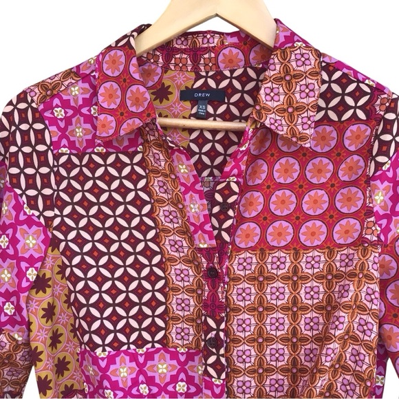 Drew Patchwork Patterned Pink and Brown Long Sleeve Button Down Top NEW - Picture 3 of 7